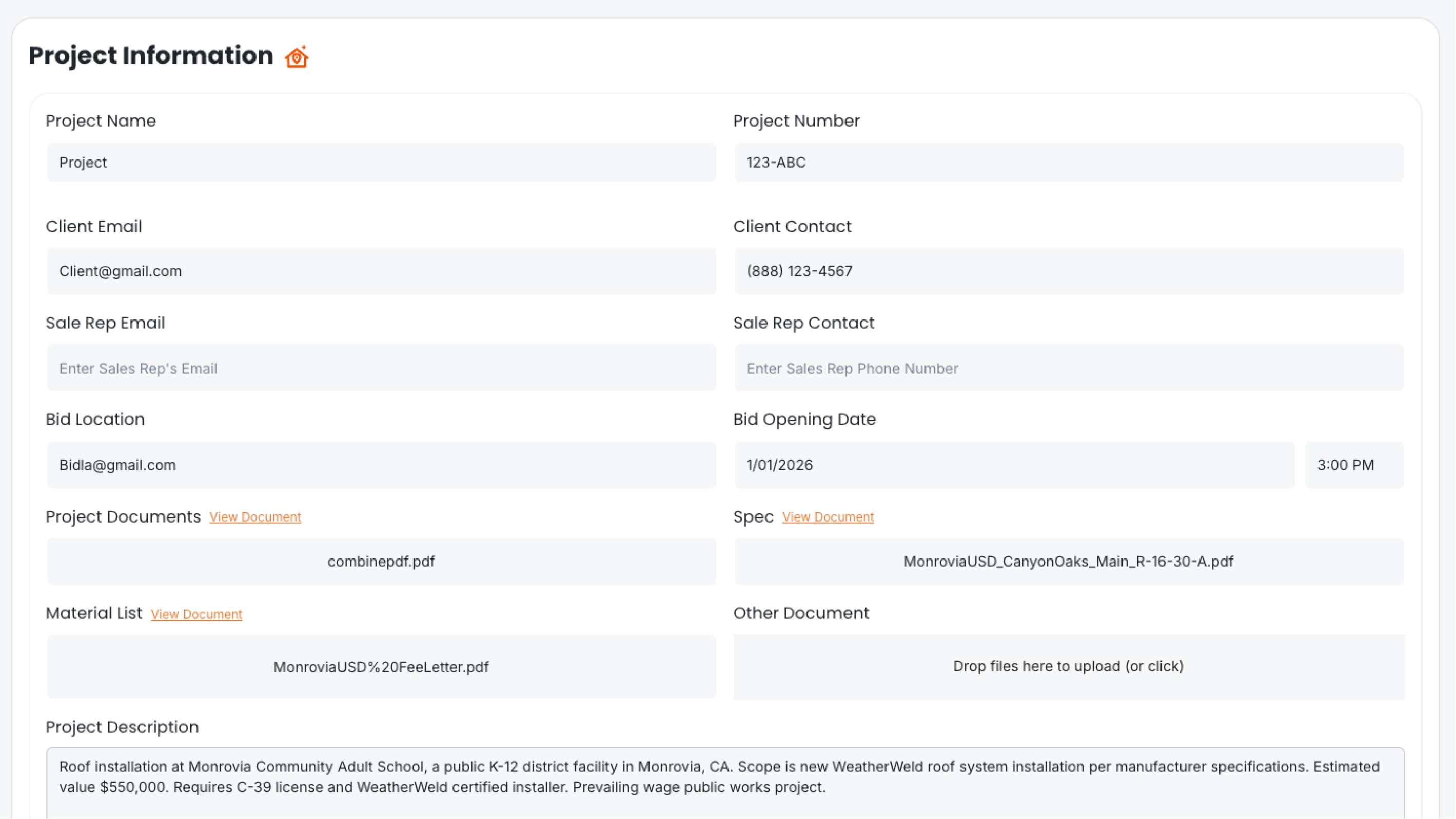 AI Project Details — project information form with client details and documents